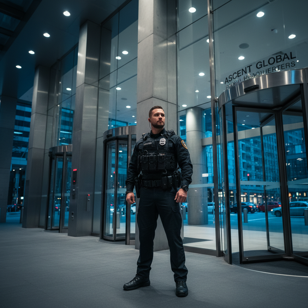 Agente de seguridad privada en puerta de establecimiento comercial nocturno